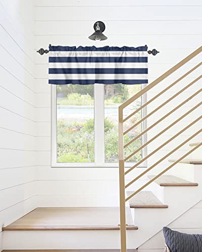 Chucoco Nautical Kitchen Window Valances Navy Blue White Stripe Rod Pocket Short Curtain Valance, Simple Color Striped Art Printed Windows Treatment Drapes For Bedroom/Bathroom/Living Room #TOP4