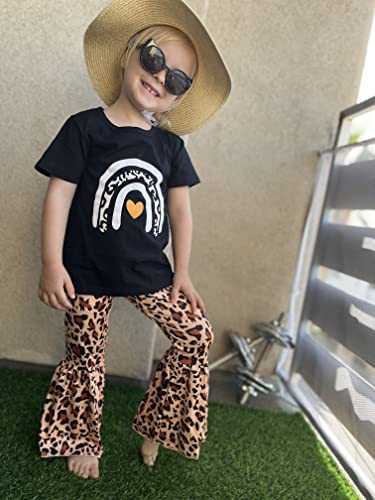 Qlipin Toddler Baby Girl Leopard Outfit Rainbow Sundress Print Top Bell Bottom Ruffle Pant Set Kid Summer Clothes #TOP1
