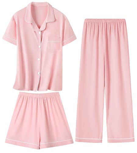 Umeyda Girls Pajamas Set Soft Short Sleeve Button-Down Sleepwea Nightwear 3Pjs Set Loungewear, 5-14 Years