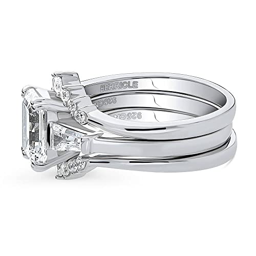 BERRICLE Sterling Silver 3-Stone Wedding Engagement Rings 2.1 Carat Emerald Cut Cubic Zirconia CZ Wishbone Ring Set for Women, Rhodium Plated3