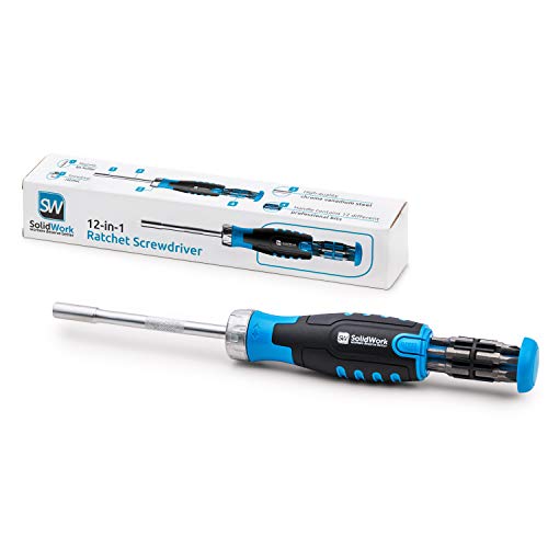 Solidwork 12-In-1 Ratchet Screwdriver With 12 Magnetic Steel Bits | Rotatable Ratcheting Screwdriver Set With Small & Handy Bit Storage Holder In The Ergonomic Handle | Perfect Home Improvement Tool #TOP13