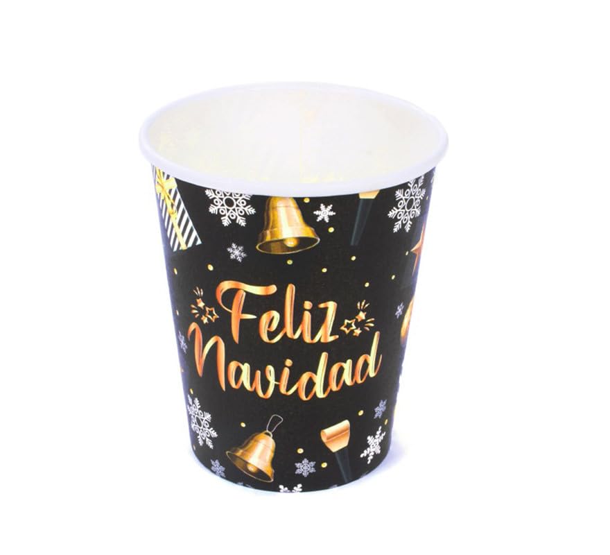 Partilandia 12 copos pretos e dourados de papel de feliz Natal de 270 ml