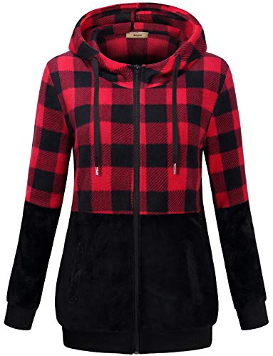 Miusey Buffalo Plaid Womens Clothing, Zip Up Fleece Jackets with Pockets Softness Color Block Hoodie Cardigans Fashion 2020 Winter Style Comfortable Outwear Christmas Black Red XXL