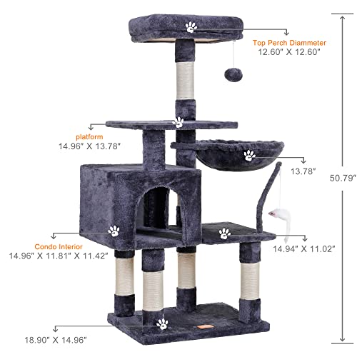 Image of Heybly Cat Tree with Toy, 43.3 inch Cat Tower for Indoor Cats HCT004G | Cat Condo with Durable Sisal Scratching Posts, Cat House with Padded Plush Perch, Cozy Hammock, Smoky Gray