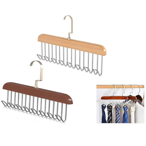 YANGWEN 2 Piezas Percha Organizadora para Cinturones y Corbatas – Colgador Giratorio 360° con 8 Ganchos de Madera, Ahorrador de Espacio – Organizador Multifunción para Cinturones, Corbatas, Pañuelos