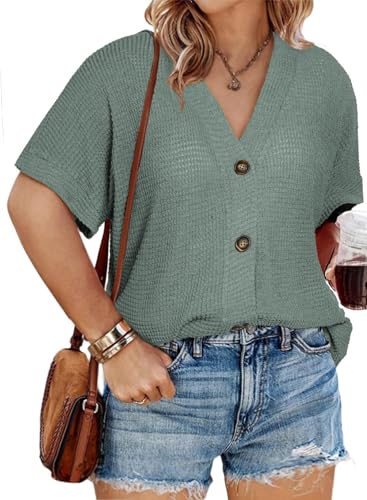 Image of Eytino Womens Plus Size Tops Casual V Neck Short Sleeve Waffle Knit Button Down Shirts(1X-5X)