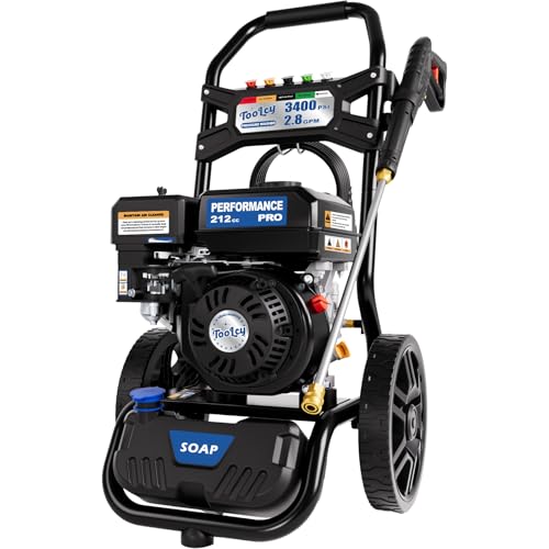 TOOLCY Gas Pressure Washer 3400 PSI & 2.8 GPM Max, High-Powered 212cc Engine, Enhanced Pump, 30FT Pressure Hose, Onboard Soap Tank, Spray Gun & 5 Nozzle Tips, Great for Cars/Driveways/Homes/Patios