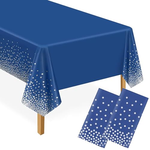 YXHZVON 2 Piezas Mantel de Plástico Desechable, Mantel de Cumpleaños Azul con Lunares Plata para Bodas, Navidad, Party, Picnics (137 X 274 cm)