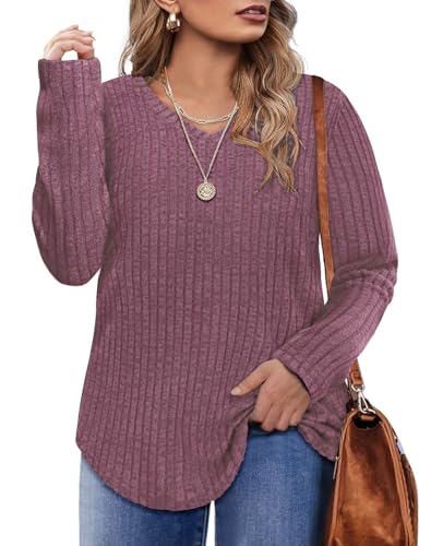 Image of RITERA Plus Size Sweater, Ribbed Long Sleeve Solid Top for Women | Soft vertical ribbed knit, modest V neck, loose long sleeves, curved swing hem, slimming casual layering top for curvy women