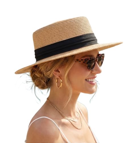 TYHOTULY Straw Sun Hats for Women Summer Beach Wide Brim Boater Hat Fashion Travel Vacation Fedora Panama UPF 50+ (Khaki Black One Size)