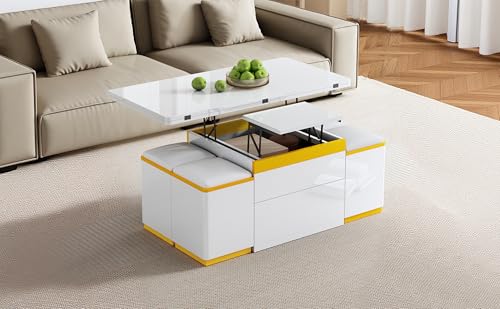 Zenithz Table Basse Relevable Multifonction avec 4 Tabourets de Rangement - Table de Salon Extensible en Table à Manger - Design Moderne Blanc et Jaune -...
