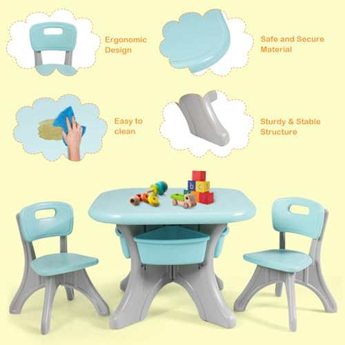 Image of GLACER Toddler Table and Chair Set - 3 Pieces Children Activity Table w /4 Storage Bins, Kids Play Table, Kids Table and Chairs for Reading, Drawing, Playroom, Snack Time