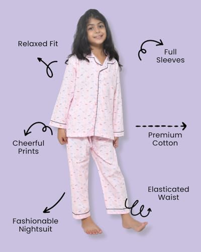 Image of Girls Premium Cotton Full Sleeves Printed Nightsuit Set | Collar Style Night Dress for Girls | Soft & Breathable Pajama Set | Trendy Kids Sleepwear & Nightwear