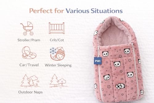 Image of PWI Baby Sleeping Bag for 0-6 Months, Ultra Soft Plush & Sherpa Warm Winter Wrapper with Hood & Zip, Newborn Swaddle Blanket for Stroller & Home Use
