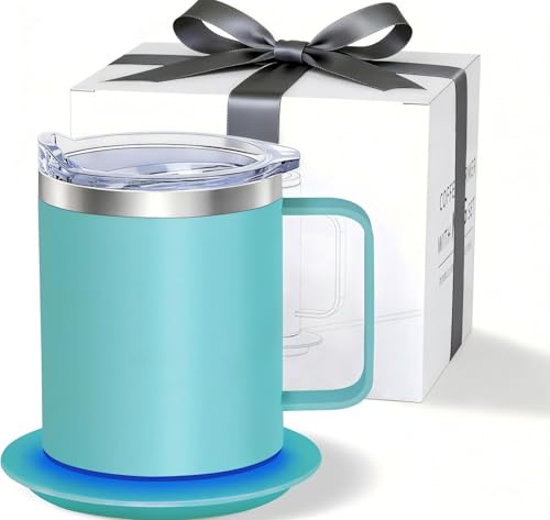 Zhenglu Self Heating Coffee Mug, USB Powered Heated Mug Set with Lid, 131°F Temperature Control Coffee Warmer for Desk (Lake Green-12oz)