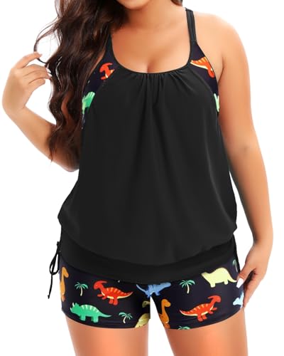 Image of Holipick Plus Size Tankini Swimsuits for Women Two Piece Tummy Control Bathing Suit Blouson Tankini Top with Shorts