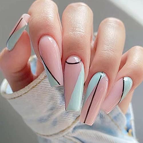 24 Pcs Coffin Press on Nails Long, Sunjasmine Fake Nails Glue on Nails, Glossy False Nails with Glue, Acrylic Nails for Women and Girls (Pink Mixed Line)