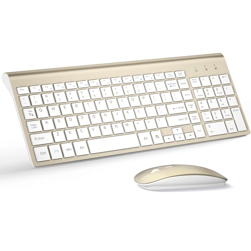 Wireless Keyboard and Mouse Ultra Slim Combo TopMate 2.4G Silent Compact USB 2400DPI Mouse and Scissor Switch Keyboard Set with Cover Batteries Included for PC/Laptop/Windows/Mac - Gold White