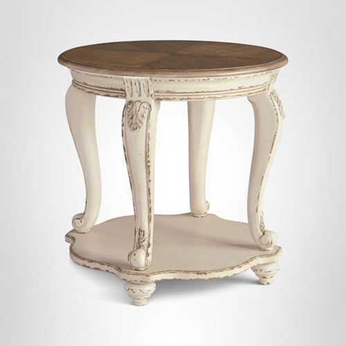 Signature Design by Ashley Realyn Round End Table, Cottage-Style Side Table with Antiqued Two-Tone Finish, Wood & Veneer Construction for Living Room or Bedroom, White/Brown
