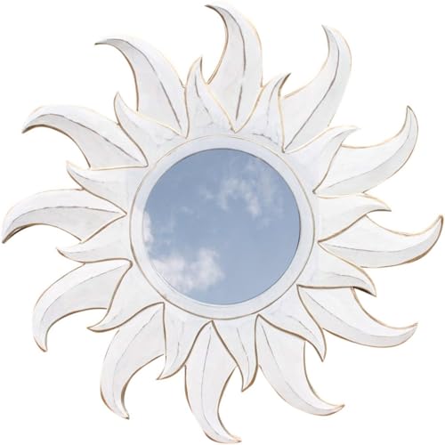 Guru-Shop Espejo solar decorativo de madera con forma de sol, color blanco envejecido 2, marrón, 60 x 60 x 1 cm, decoración para habitación de los niños