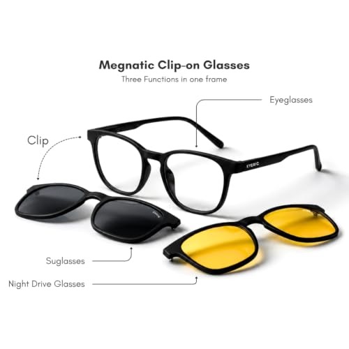 Image of Matte 3-in-1 Black Clip-On Eyeglasses Combo | Polarized & Night Vision Lenses