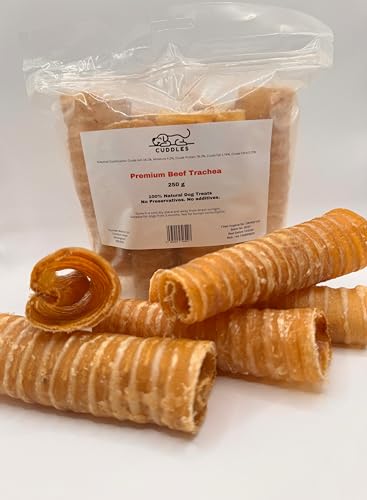 250 gms Buffalo Beef Trachea (7-8 pieces each) Resealable Bag Grain Free Dried Dog Treats Snacks Chews Premium Quality 100% Natural Healthy Dental Sticks High Protein Improves Joint Support