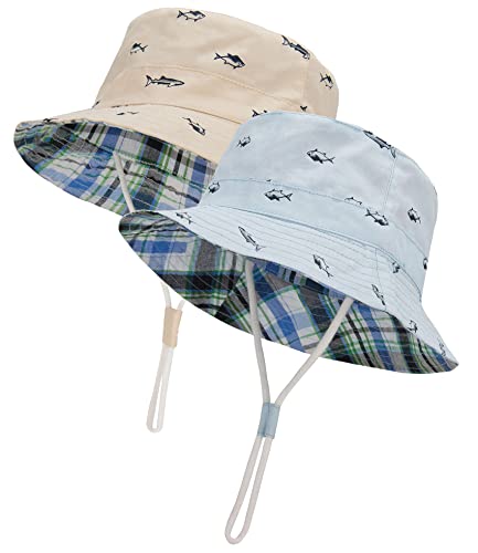 Durio Baby Bucket Sun Hat Toddler Hats Summer Beach Hat UPF 50+ Sun Protection Bucket Hats for Kids Baby Boy Girl Gifts 2Pack, 2pack Beige/Blue, 12-24 Months