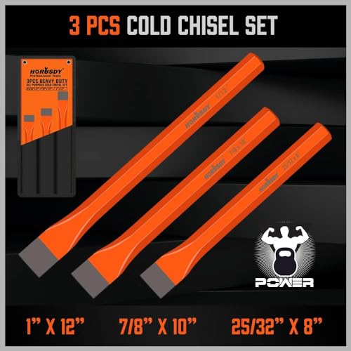Image of HORUSDY 3-Pieces Heavy Duty Cold Chisels Set, Long 8 inch, 10 inch, 12 inch, with Roll Pouch, 1 in, 7 /8 in, 25 /32 in