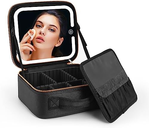 VANMRIOR Travel Makeup Bag with LED Lighted Make up Case with Mirror 3 Color Setting Cosmetic Makeup Box Organizer Vanity Case for Women Beauty Tools Accessories Case Rechargeable