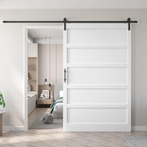 Image of Fredbeck 60x84 inch White Barn Door with 10FT Sliding Door Hardware Kit Included & Handle,MDF,Solid PVC Surface,DIY Assembly,5-Panel