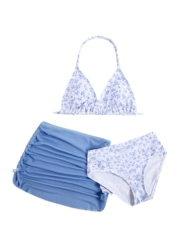 Image of RoseSeek Girl's 3 Piece Cute Bowknot Bathing Suit Halter Triangle High Waisted Swimsuit with Beach Cover Up Skirt
