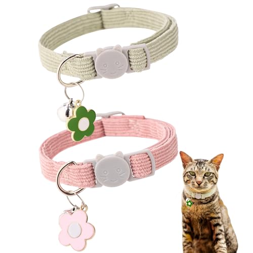 2 Pack Cat Collar with Bells, Corduroy Adjustable Kitten Collars ...