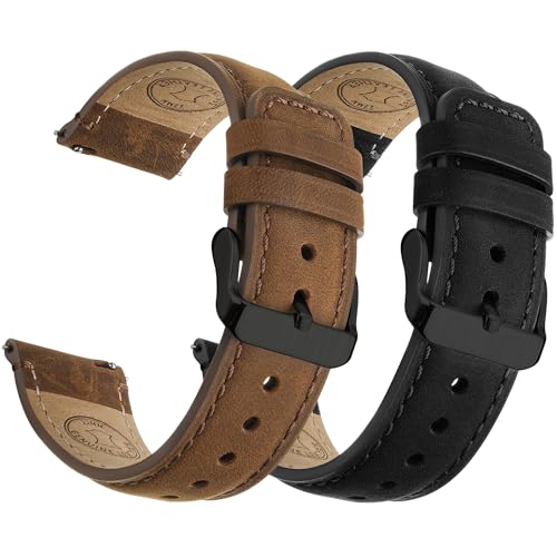 Fullmosa Echtleder Uhrenarmbänder 22mm Schnellwechsel-Armband für Damen & Herren, 2er Set Wechsel Lederarmbänder mit Edelstahl-Verschluss, Kaffee & Schwarz mit Schwarz-Verschlüsse