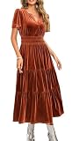 R.Vivimos Women's Fall Winter Vintage Velvet Dress Short Sleeve V Neck Elastic Waist Tiered Ruffle A-Line Flowy Maxi Dress (Medium, RustBrown)