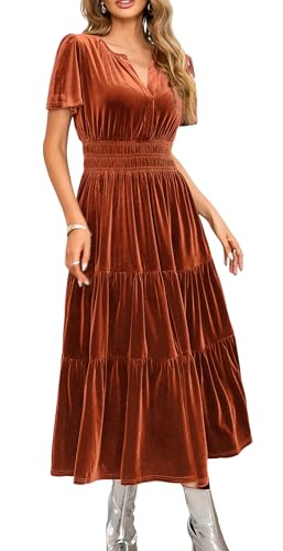 R.Vivimos Women's Fall Winter Vintage Velvet Dress Short Sleeve V Neck Elastic Waist Tiered Ruffle A-Line Flowy Maxi Dress (Large, RustBrown)