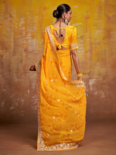 Image of Satrani Women'S Georgette Embroidery Bandhani Printed Saree With Unstitched Blouse Piece