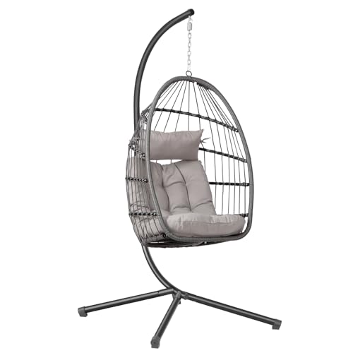 Panana Rattan Garden Egg Swing Chair with Stand Outdoor Hanging Swinging Chair Hammock Basket Seating with Cushion Foldable Basket Adjustable Height 158kg Capacity for Patio Balcony Bedroom