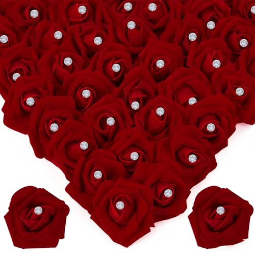 Image of 100Pcs Real Looking Burgundy with Diamonds Artificial Rose Flower Heads, Foam Fake Roses for DIY Wedding Decorations Baby Shower Centerpieces Home Party Valentine's Day Mother's Day Decor