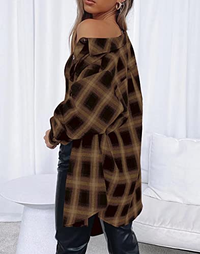 Lacozy Women Flannel Buffalo Plaid Collar Shirt Long Sleeve Button Down Coats Loose Boyfriend Shirts Khaki X-Large #TOP2