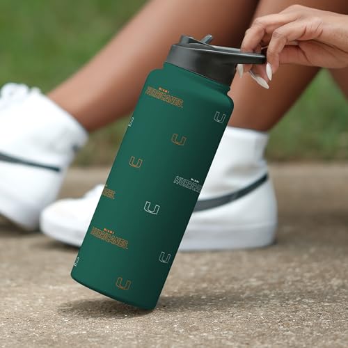 Image of Logo Brands NCAA Miami Hurricanes Step & Repeat 34 oz Stainless Steel Quencher Bottle - All Over Logo Design, No-Spill Lid, Easy Carry Handle - Keeps Drinks Cold For Hours
