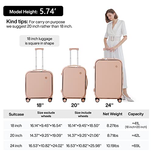 Carry On Luggage, 18” Suitcase With Front Laptop Pocket, Travel Luggage Aluminum Frame Pc Hardside With Spinner Wheels & Tsa Lock And Cover (Not For Underseat) -Pink #TOP5