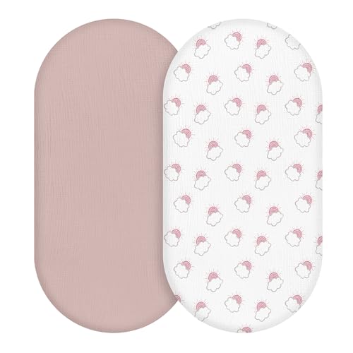 Image of Muslin Bassinet Fitted Sheets 2 Pack, Soft Breathable Cotton Baby Bassinet Mattress Sheet Set, 360 Elastic Snug Fit, Universal for Oval, Rectangle (Pink Cloud, Bassinet Sheets 2 Pack)