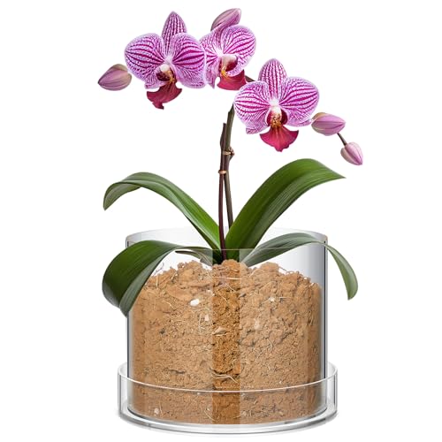 Clear Plant Nursery Pots Acrylic Orchid Pots with Drainage Holes and Tray Transparent Planter for Indoor Plants, Succulents, Herb, Flowers and Cactus Decorative(8 Inches,Circle)