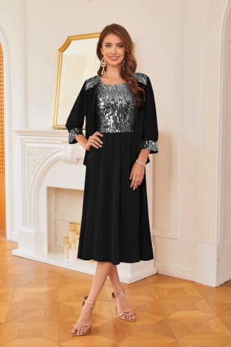 Image of GRACE KARIN Formal Wedding Guest Dress Sequin Mother of The Bride Dresses | Two Piece,3 /4 Sleeve,Tea Length,Crew Neck,Fit and Flare,Chiffon,Suitable for Spring /Summer /Fall /Winter /Cocktail /Party /Prom