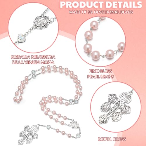 12 Set Rosary Catholic Gifts for Women 8 mm Pink Rosary Necklace Artificial Pearls with Pardon Crucifix Necklace Pray Card for Women Men First Communion Christian Confirmation Gifts3