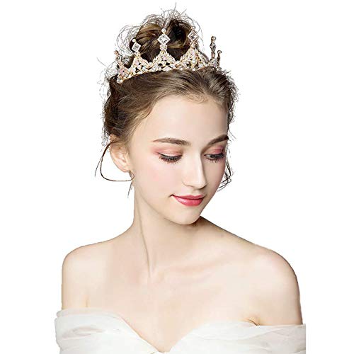 TOCESS Gold Tiara Queen Princess Crown for Women and Girls Pearl Tiara Wedding Crown for Bridal Wedding Prom Costume Festival Party - Thumbnail 5