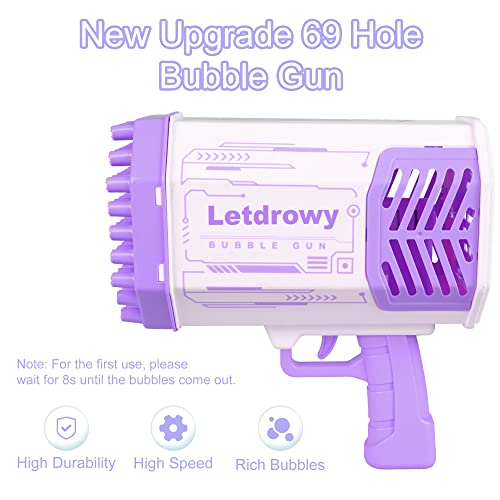 Bubble Machine With 20.28 Oz Bubble Refill Solution - Letdrowy Bubble Guns For Kids Ages 4-8 - Bubble Blower Blaster With 69-Hole Wands - Purple Bubble Maker Gifts For Valentine,Wedding,Party #TOP1