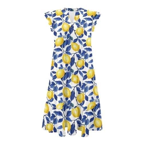 Image of Womens Summer Dress Ruffle Sleeve V Neck Dress Casual Fit Flowy Beach Vacation Sundress with Pocket S-2XL