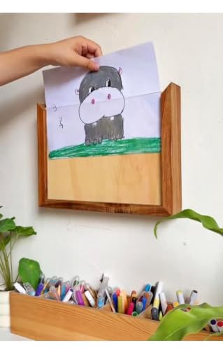 Image of Kids Art Display Frame - Wooden Slide-In Artwork Organizer & Storage | Open-Slot Design for Easy Swapping - Wall Mount Picture Frame for Kids Room & Classroom, Includes Bonus 10 Coloring Pages(1) - Open Design(Without Lid)