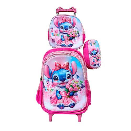 Kit Mochila Stitch 3D com Rodinhas Feminina Infantil, Lancheira Térmica, Estojo Escolar